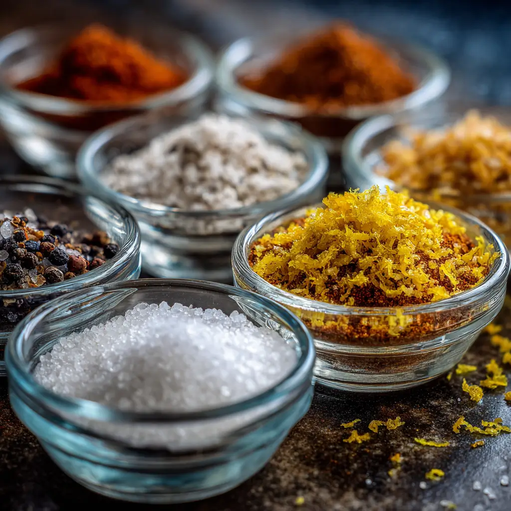 Basic salmon spice mix ingredients in small bowls