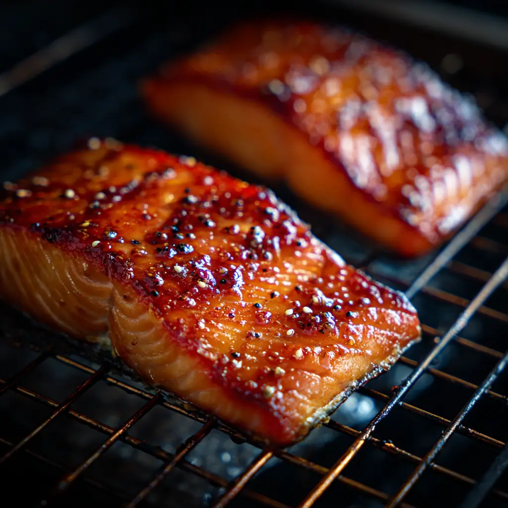 brown sugar smoked salmon rub caramelizing on smoker