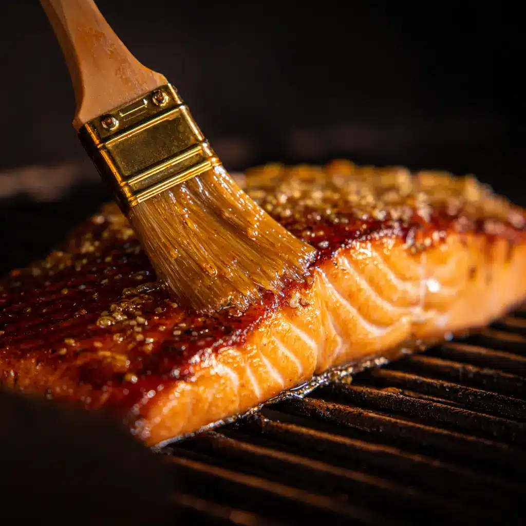 Brushing maple mustard smoked salmon rub before smoking