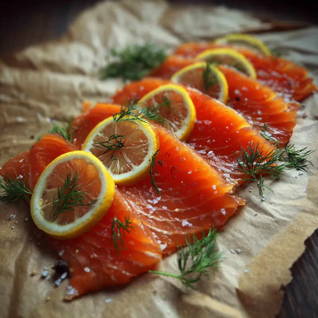 Cold-Smoked Salmon thin slices with lemon and dill