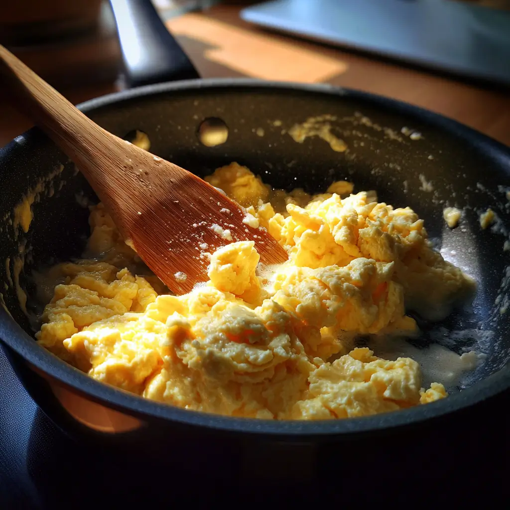 creamy scrambled eggs being cooked for smoked salmon and egg breakfast