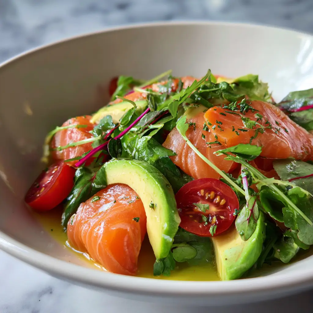 Chilled salad with lightly smoked salmon and lemon vinaigrette