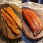 lightly smoked vs fully smoked salmon on wooden board