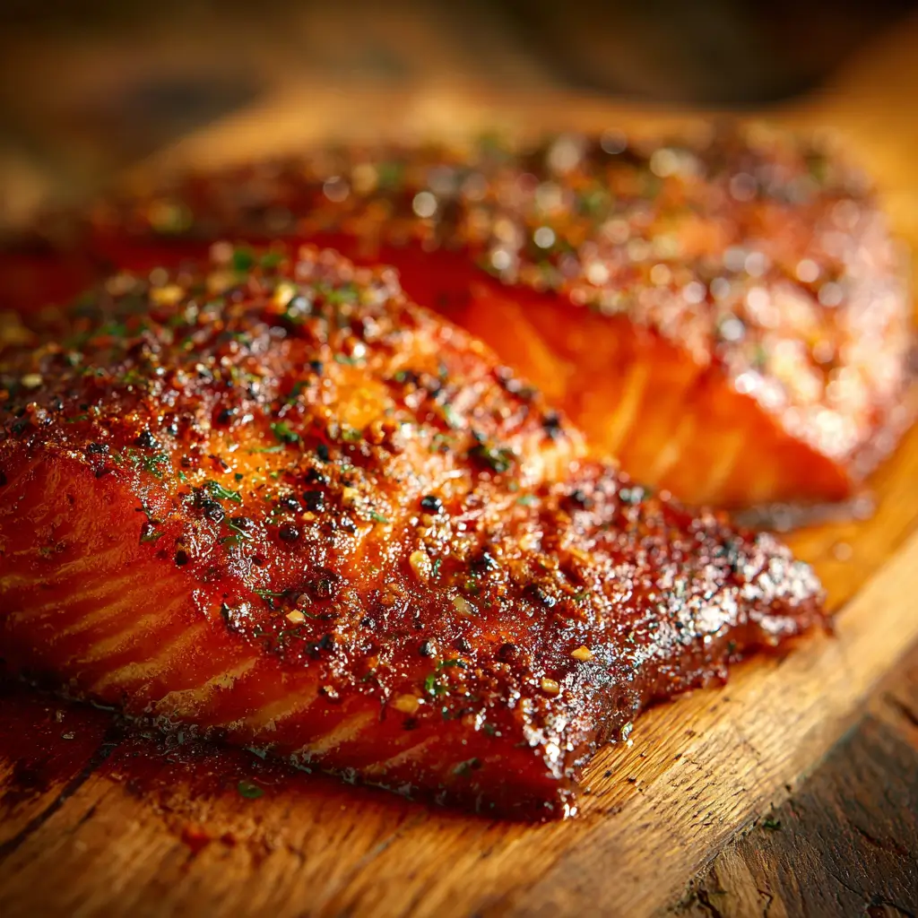 Maple Mustard Smoked Salmon Rub on a rustic board