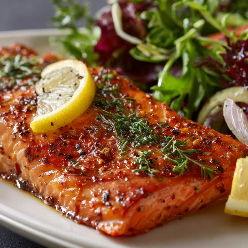 plated spicy smoked salmon with herbs and lemon