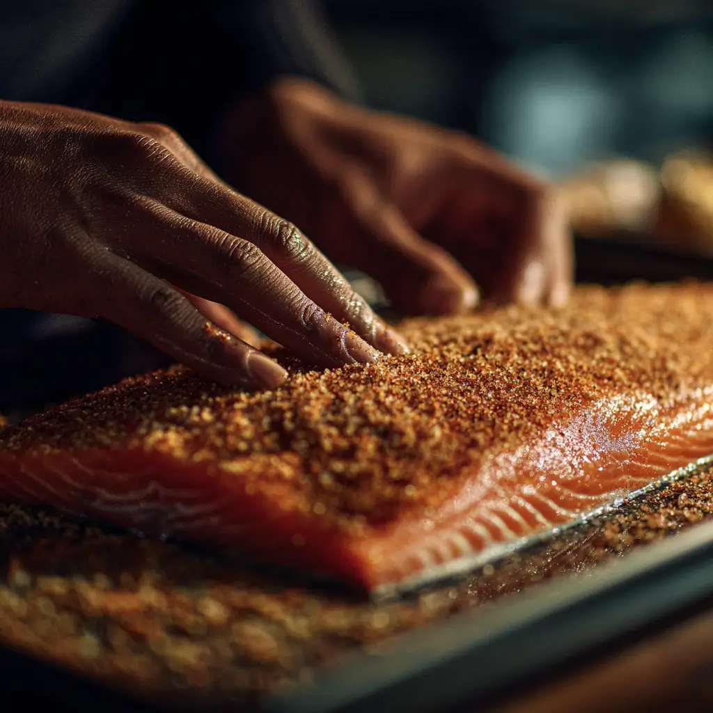 Preparing Traeger brown sugar smoked salmon with brown sugar rub