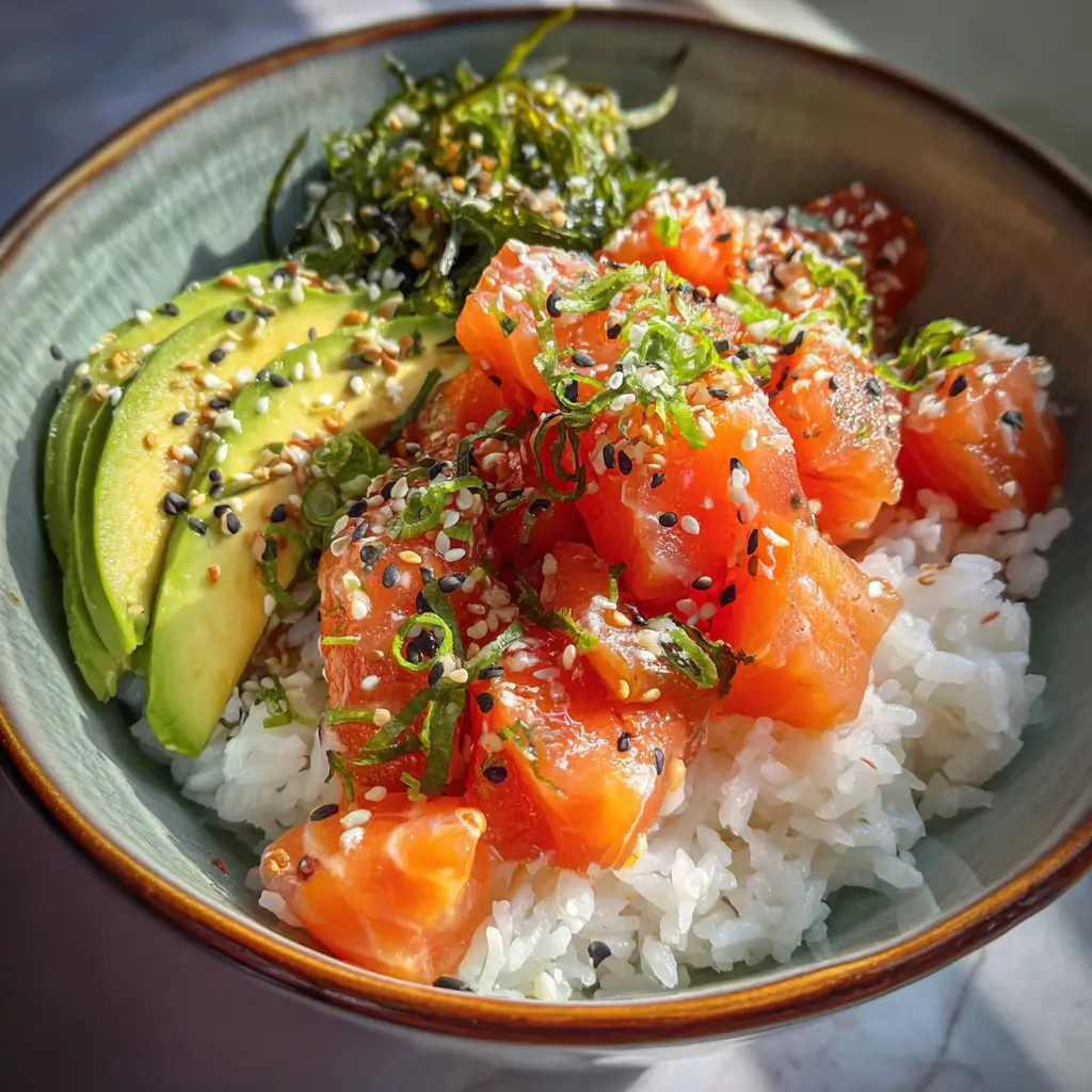 Salmon poke recipe with rice, avocado, and seaweed salad