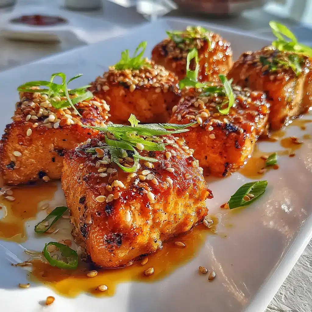 Crispy golden salmon recipe bites with honey soy glaze and sesame seeds
