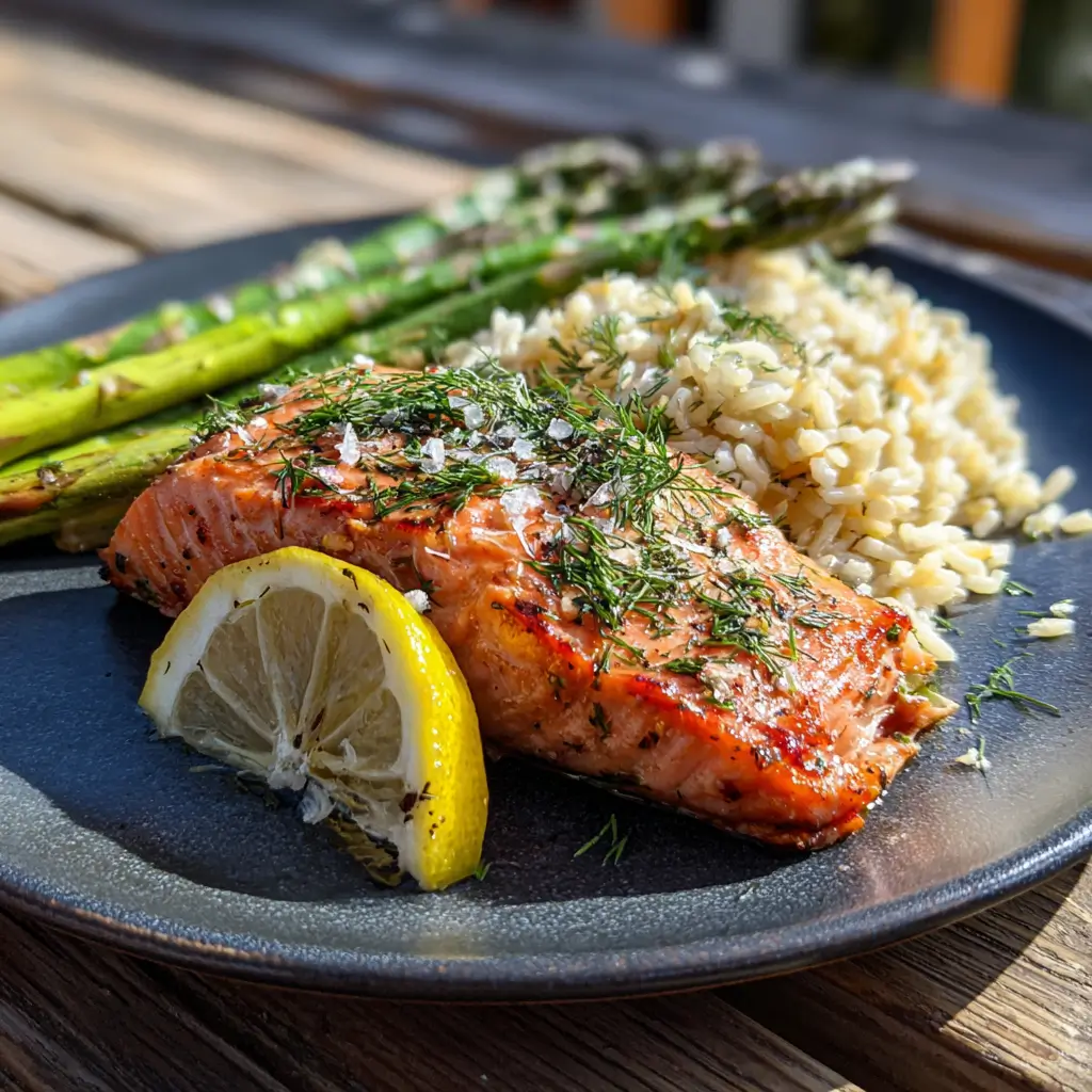 Served Traeger lemon dill smoked salmon with asparagus and rice pilaf