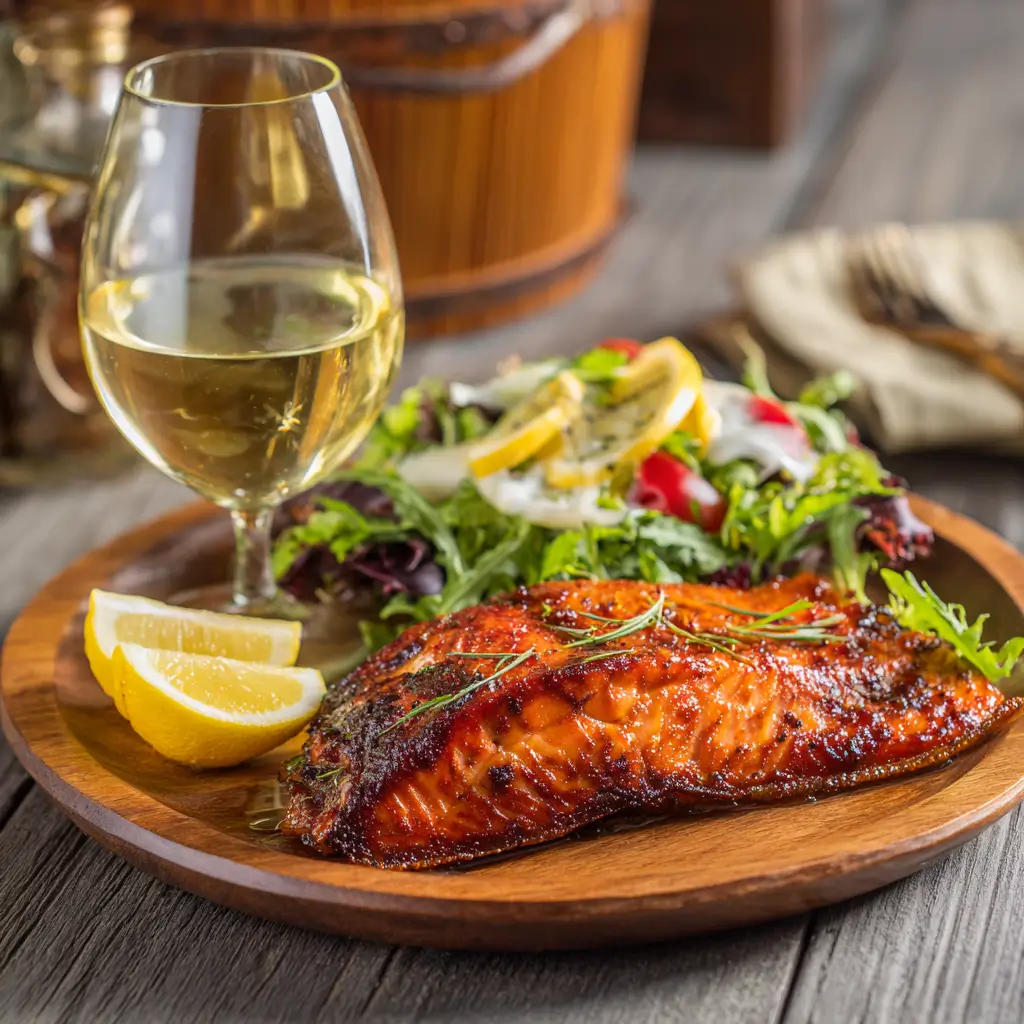 Traeger brown sugar smoked salmon served with salad and lemon