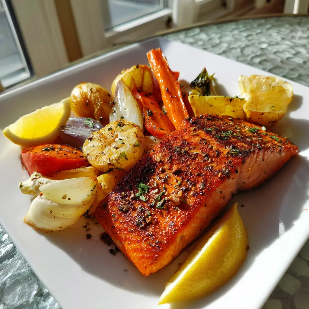 Served Traeger smoked salmon with vegetables
