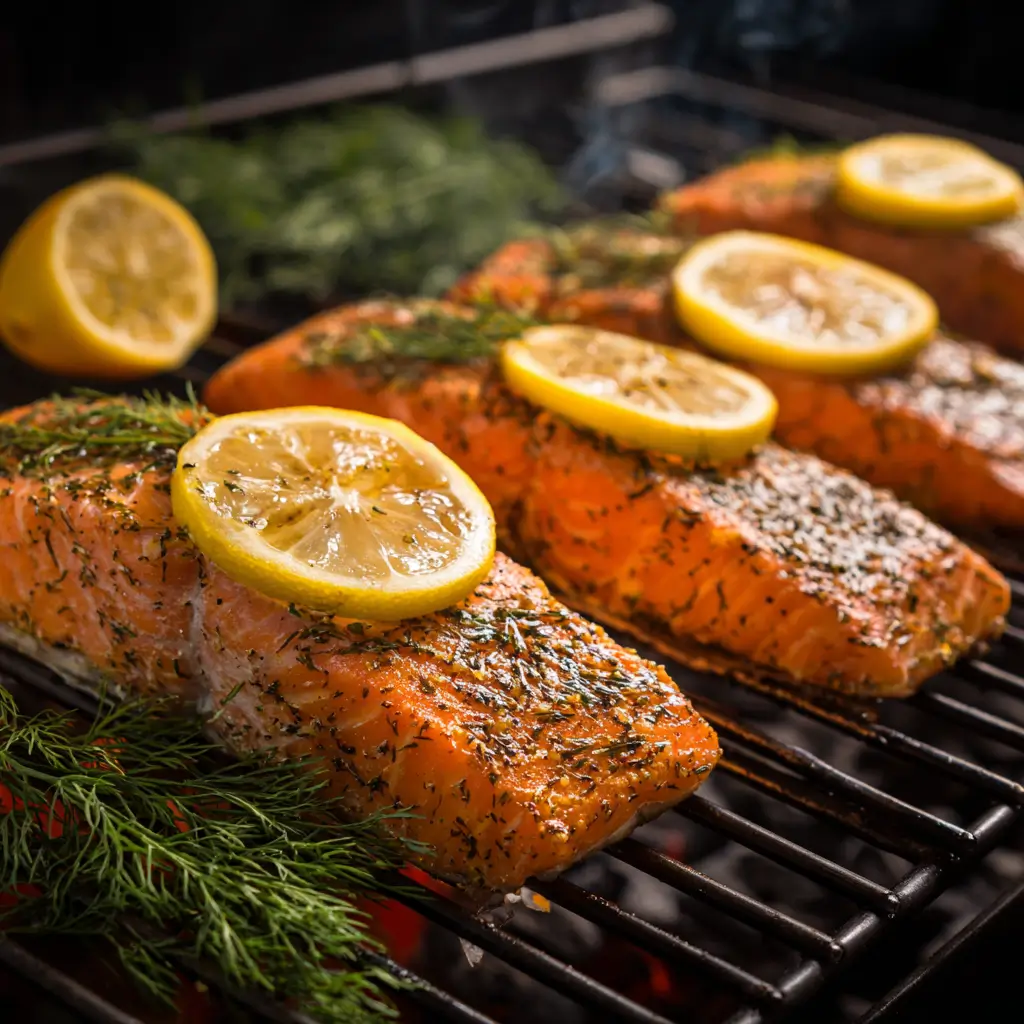 Lemon Herb Smoked Salmon Rub: A Zesty Twist for Perfectly Smoked Salmon 4 Smoked salmon with lemon herb rub on grill with lemon slices