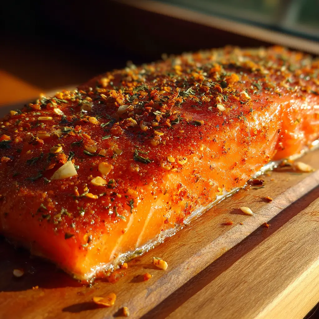 spicy smoked salmon rub on raw salmon fillet with chili and paprika