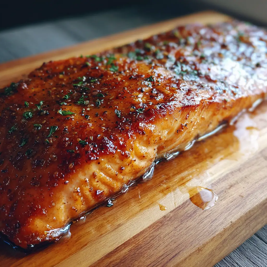 Traeger brown sugar smoked salmon on wood board with caramelized glaze