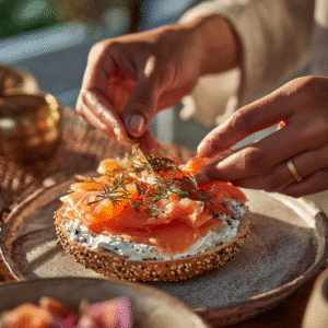 spreading herbed cream cheese on a salmon bagel