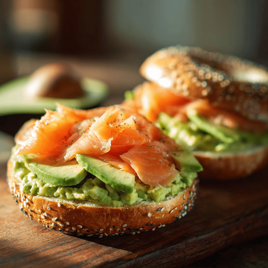 assembling smoked salmon avocado bagel with avocado spread and salmon layers