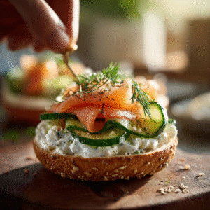 assembling smoked salmon cucumber bagel with cucumber ribbons and dill