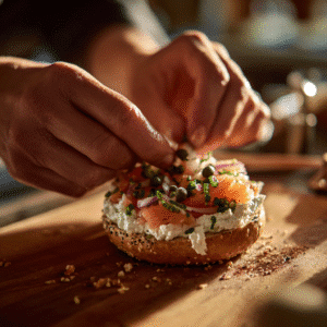 Assembling smoked salmon everything bagel step by step