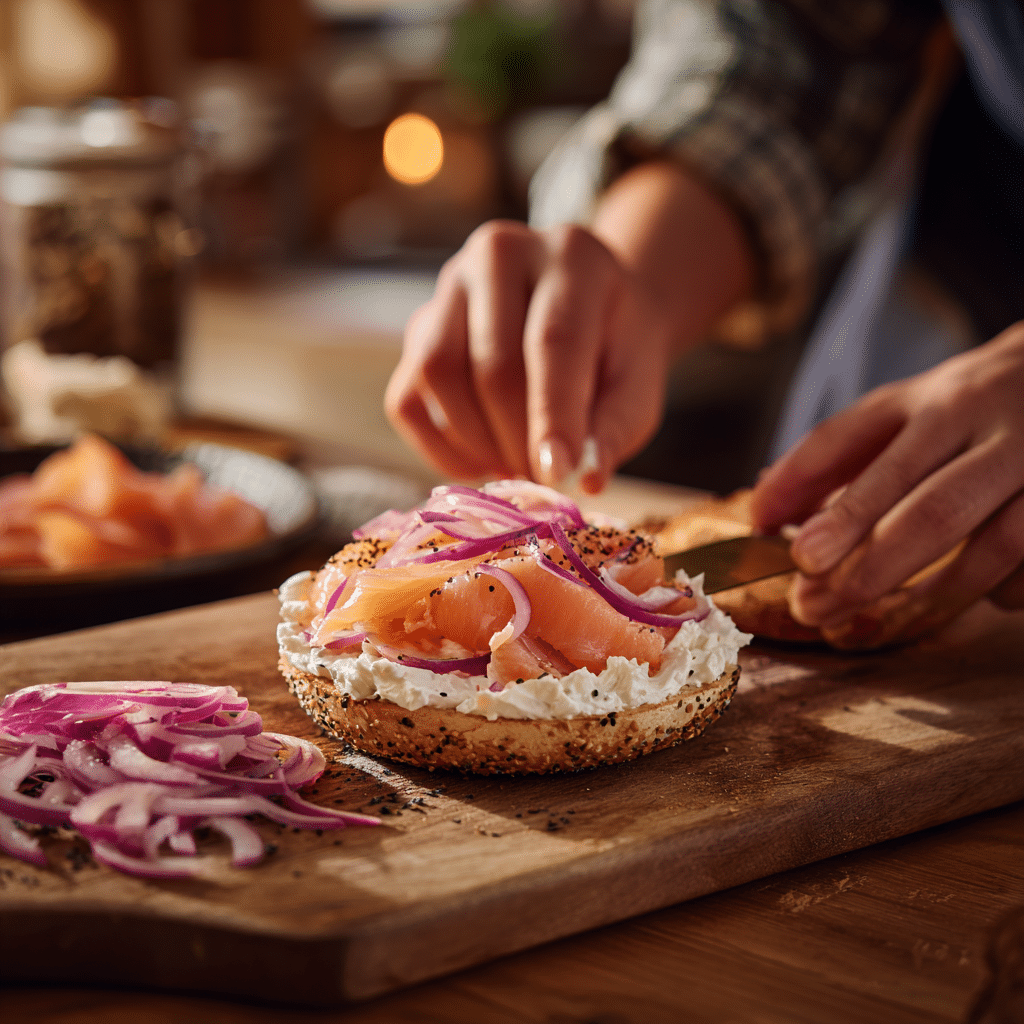 assembling smoked salmon horseradish bagel with cream cheese and pickled onions