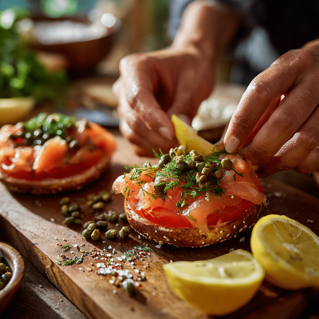 assembling smoked salmon tomato bagel step by step