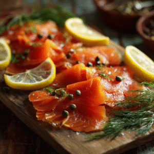 How To Smoke Salmon – Easy & Tender Recipe for Beginners 5 Beginner smoked salmon served on a wooden board with lemon and dill.