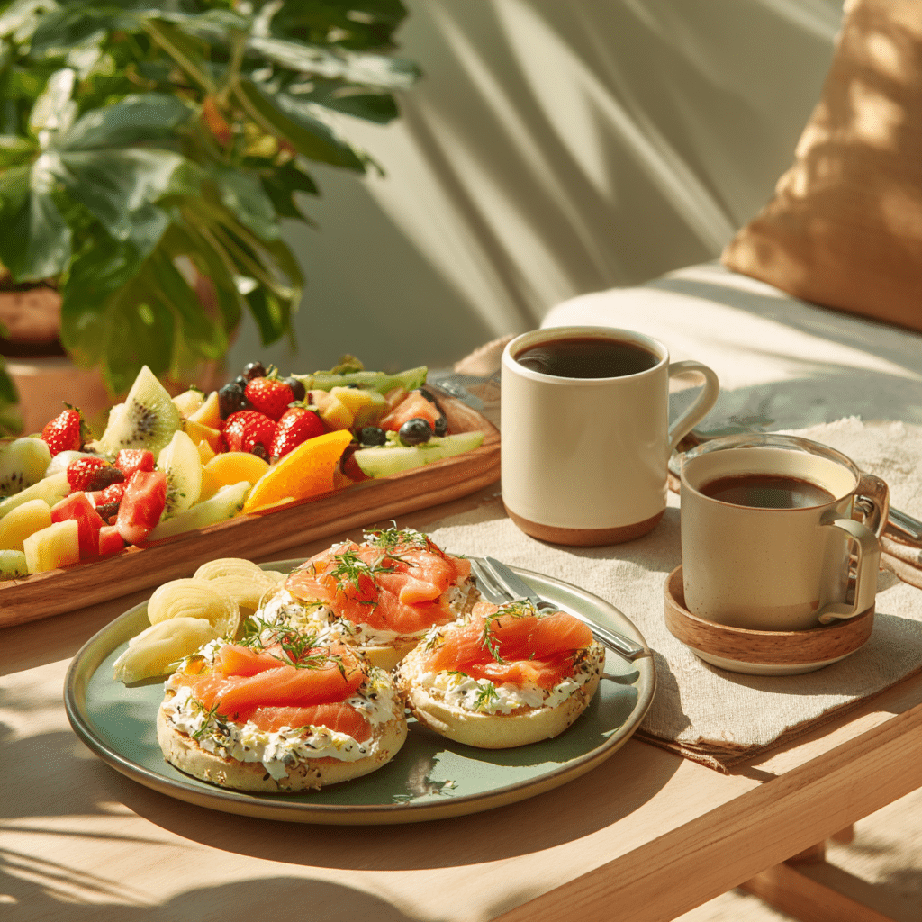 brunch table with herbed cream cheese salmon bagels