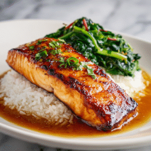 Cheesecake Factory miso salmon served with snow peas and white rice, glazed in a rich miso sauce and garnished with chopped green onions.