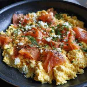 cooking smoked salmon cheese scrambled eggs in pan
