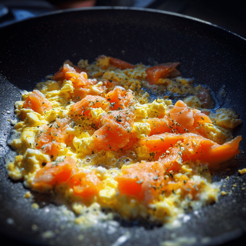 cooking smoked salmon scrambled eggs in a non-stick pan