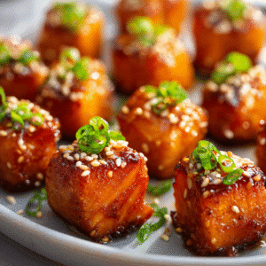 Crispy honey garlic salmon recipe bites served with sesame seeds