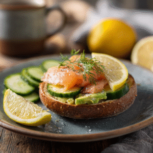finished smoked salmon avocado bagel with lemon and cucumber