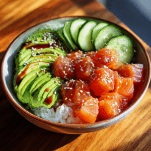 Fresh salmon poke recipe bowl with avocado and sesame seeds