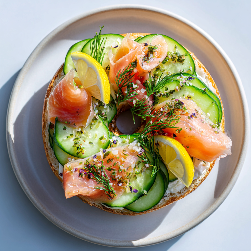 healthy smoked salmon cucumber bagel with dill and lemon
