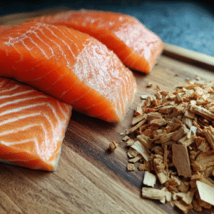 Hickory wood for smoking salmon on cutting board