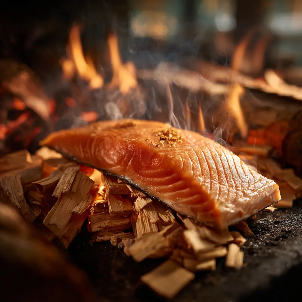 Hickory wood for smoking salmon on grill with smoke rising