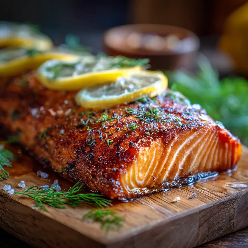 Hot smoked salmon recipe with lemon and dill on wooden board