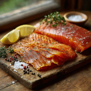 Hot vs cold smoked salmon comparison on wooden board