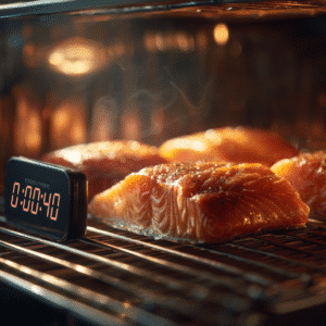 Smoked salmon cooking on wire rack with timer showing 45 minutes