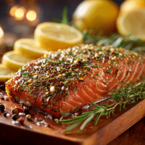 Lemon Herb Smoked Salmon Rub: A Zesty Twist for Perfectly Smoked Salmon 5 lemon herb smoked salmon rub on wooden board with herbs and lemon slices