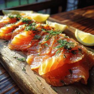 Lightly smoked salmon slices with dill and lemon