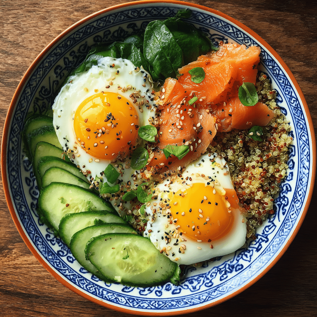 low calorie smoked salmon breakfast bowl with quinoa and greens