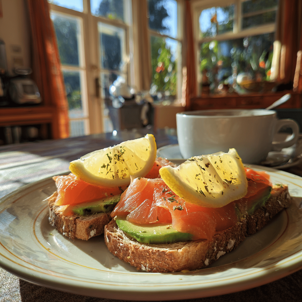 low calorie smoked salmon breakfast served with avocado toast