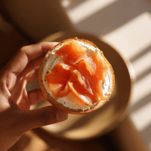 making a smoked salmon bagel breakfast step by step