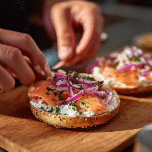 making smoked salmon bagel with cream cheese step-by-step