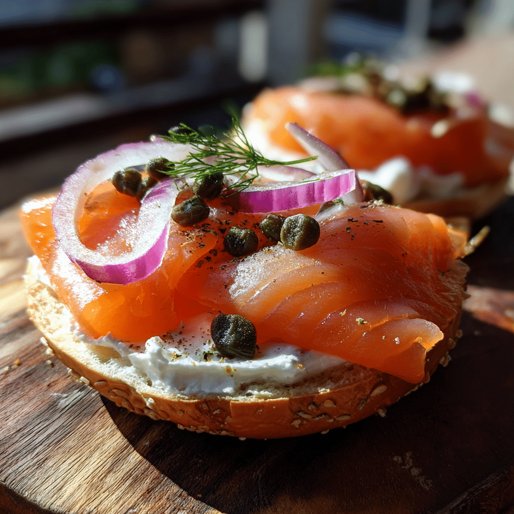 Open Faced Smoked Salmon Bagel: Elegant Breakfast Simplicity in Every Bite 2 Open faced smoked salmon bagel on rustic breakfast table with cream cheese and dill.
