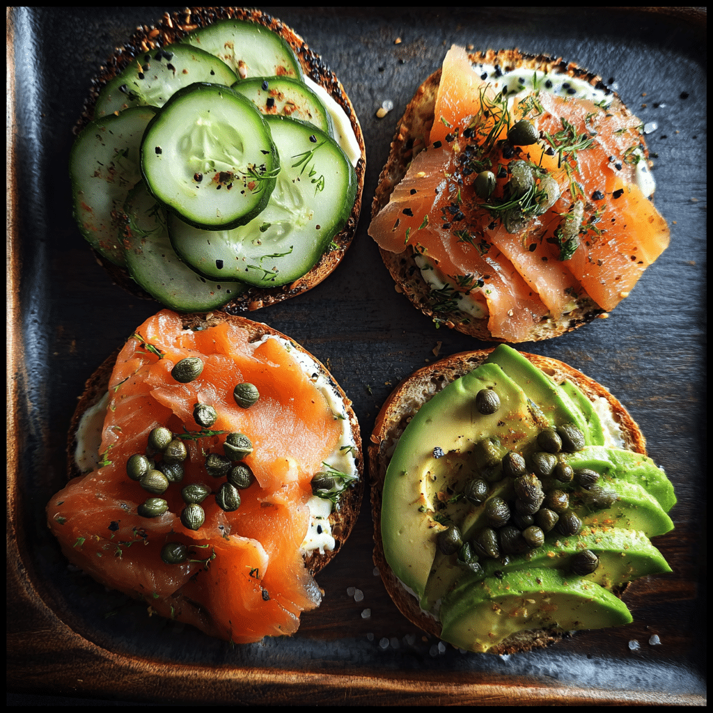 Open Faced Smoked Salmon Bagel: Elegant Breakfast Simplicity in Every Bite 4 Three variations of open faced smoked salmon bagels with different toppings.