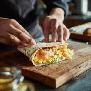 rolling smoked salmon breakfast wrap