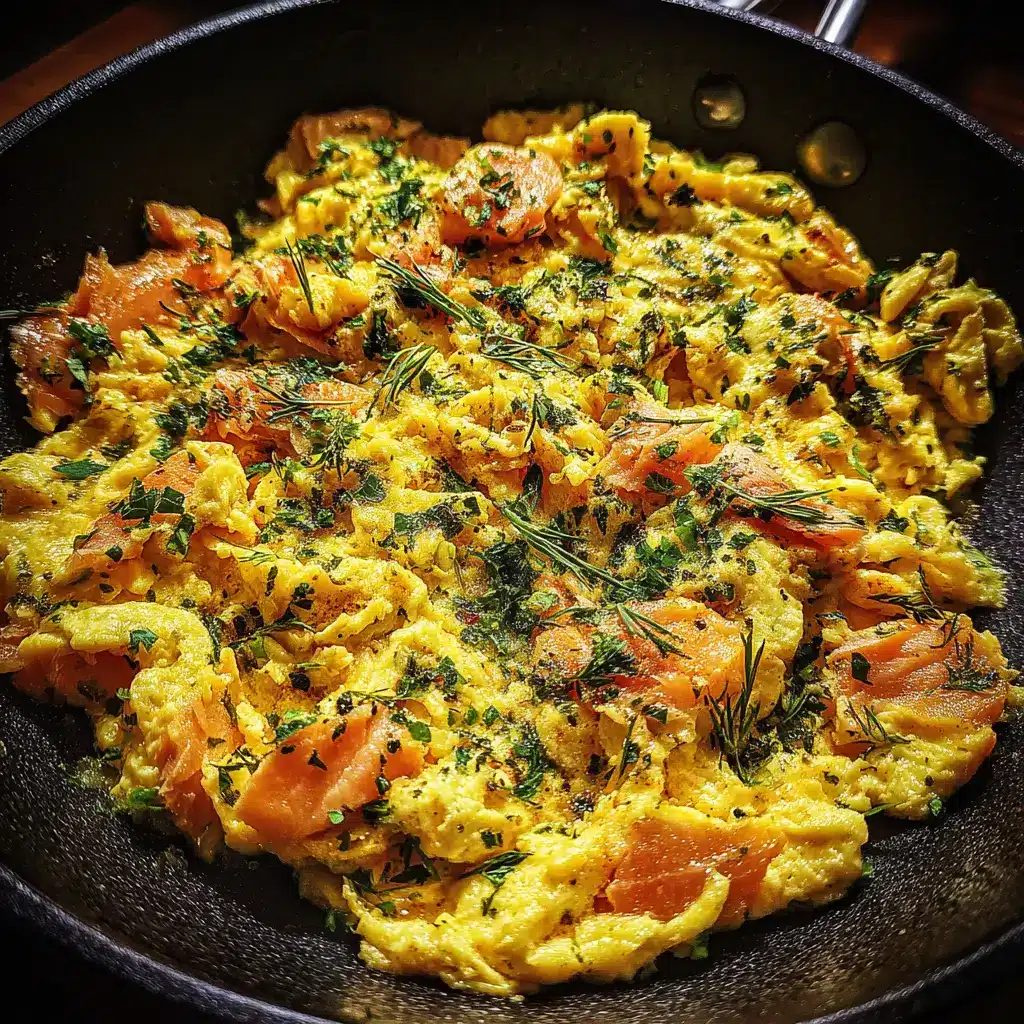 salmon scrambled eggs in skillet