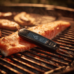 Checking salmon smoking temperature with digital thermometer on grill