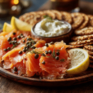 Gourmet platter of fully smoked salmon with capers and cream cheese